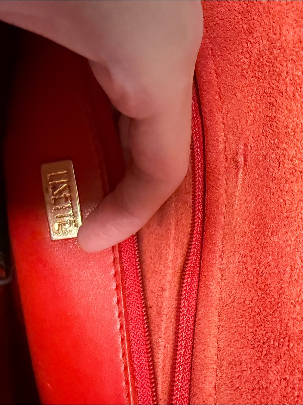 LISETTE Red Suede and Leather Zip Pouch with Gold Plaque - Picture 9 of 9